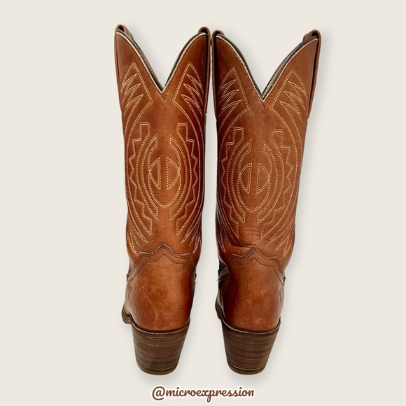 1980s VINTAGE Frye Aztec Geometric Leather Brown Cognac Embroidered Cowboy Boot - Picture 8 of 15